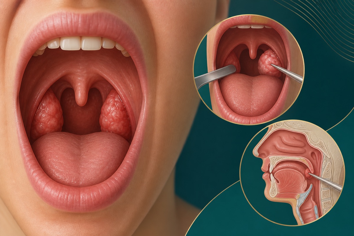 Ilustração médica sobre cirurgia das amígdalas